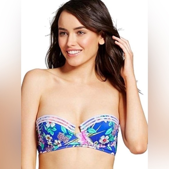 Shade and Shore Blue Floral Strapless Bikini Top with Molded Cups Size 36D - Picture 1 of 8